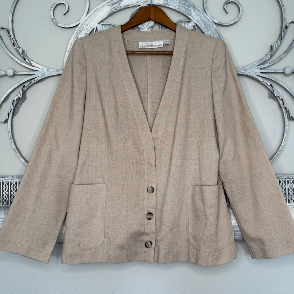 Vtg Liz Claiborne Womens Beige Flax Blend Collarless Button Front Blazer Size 12